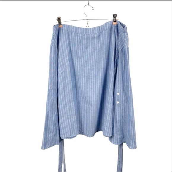 Unique 21 by ASOS Striped Off the Shoulder Bell Sleeve Tie Sleeve Blouse Size 8 - Picture 3 of 6